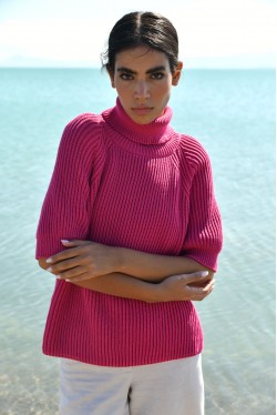 pink roll neck sweater with removable sleeves 2