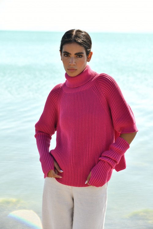 pink roll neck sweater with removable sleeves 1